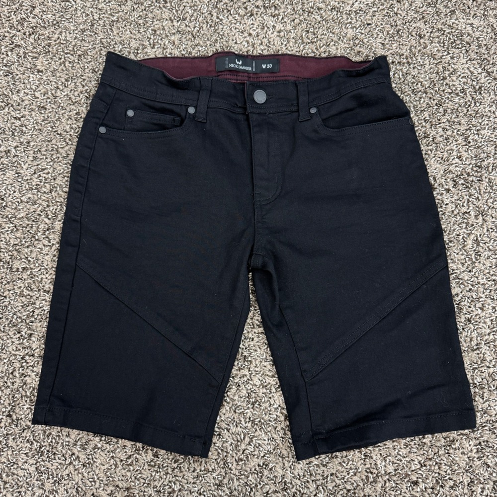 Nick Danger‎ Black Stretch Denim Shorts Moto Panel Slim Fit W30 Men